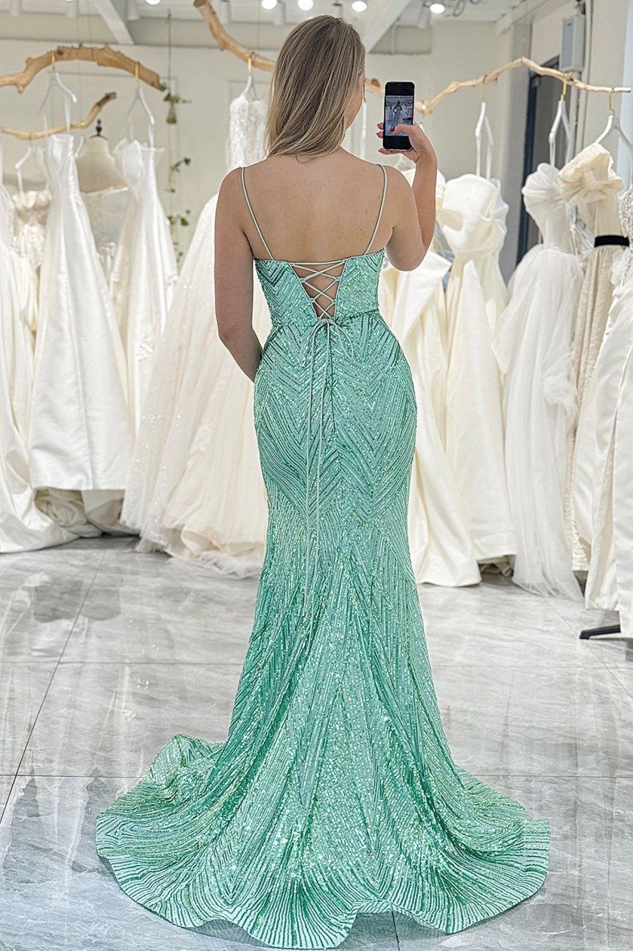 Prom Dresses HELLYMOON | Sparkly Mermaid Spaghetti Straps Sequin Long Prom Dress With Slit Green