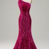 Prom Dresses HELLYMOON | Sequin One Shoulder Glitter Mermaid Prom Dress Hot Pink