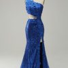 Prom Dresses HELLYMOON | Mermaid One Shoulder Sequins Cut Out Prom Dress With Split Front Royal Blue