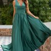 Partywear HELLYMOON | V Neck Satin Prom Dress With Ruffles Green