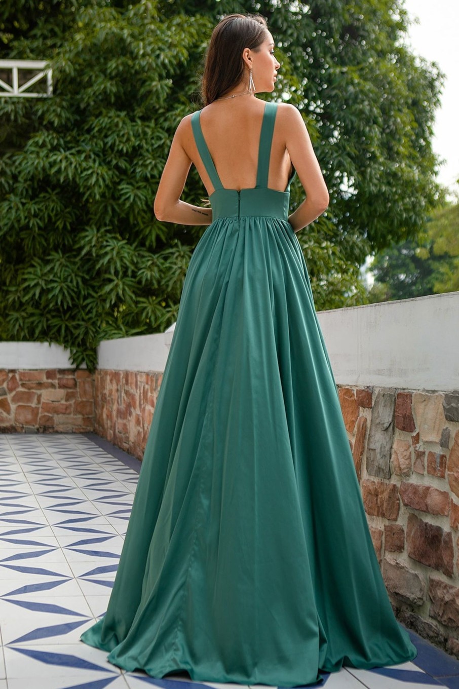 Partywear HELLYMOON | V Neck Satin Prom Dress With Ruffles Green