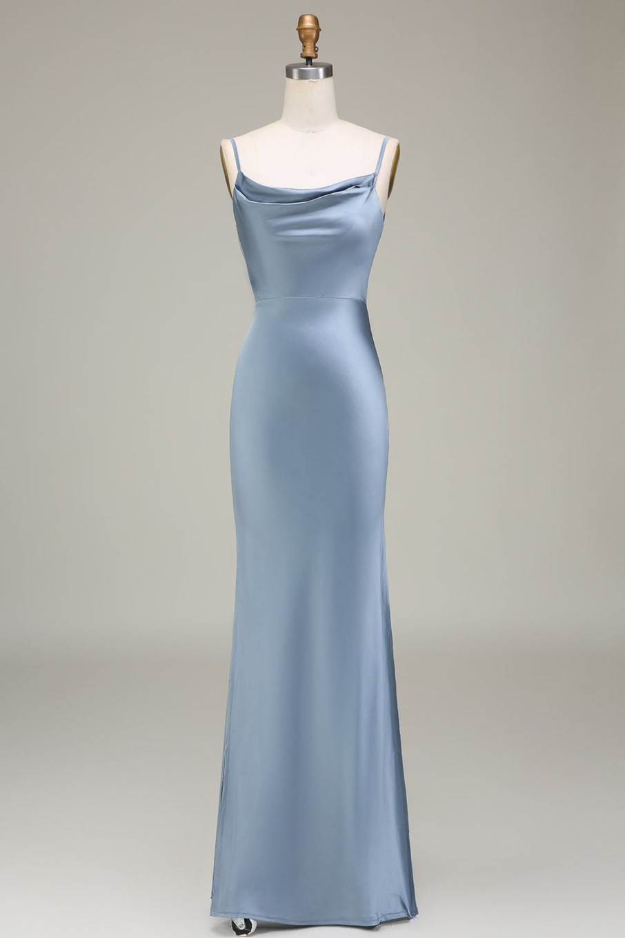 Partywear HELLYMOON | Dusty Blue Sheath Spaghetti Straps Satin Long Bridesmaid Dress Greyblue