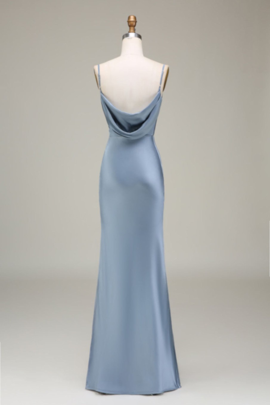 Partywear HELLYMOON | Dusty Blue Sheath Spaghetti Straps Satin Long Bridesmaid Dress Greyblue