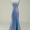 Special Occasion HELLYMOON | Spaghetti Straps Glitter Mermaid Prom Dress With Slit Blue