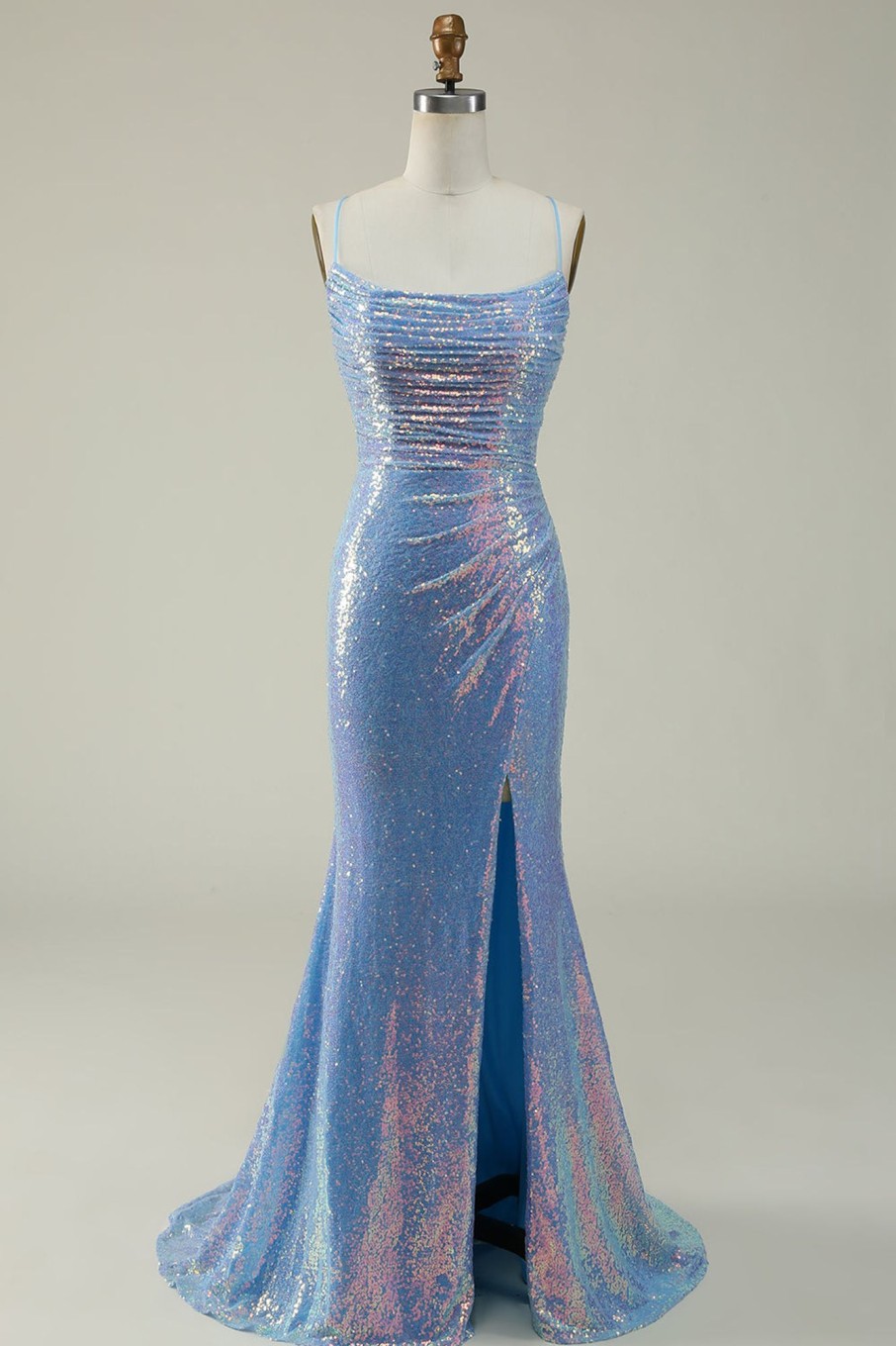 Special Occasion HELLYMOON | Spaghetti Straps Glitter Mermaid Prom Dress With Slit Blue