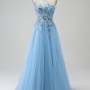 Prom Dresses HELLYMOON | A-Line One Shoulder Sequin Prom Dress With Appliques Light Blue