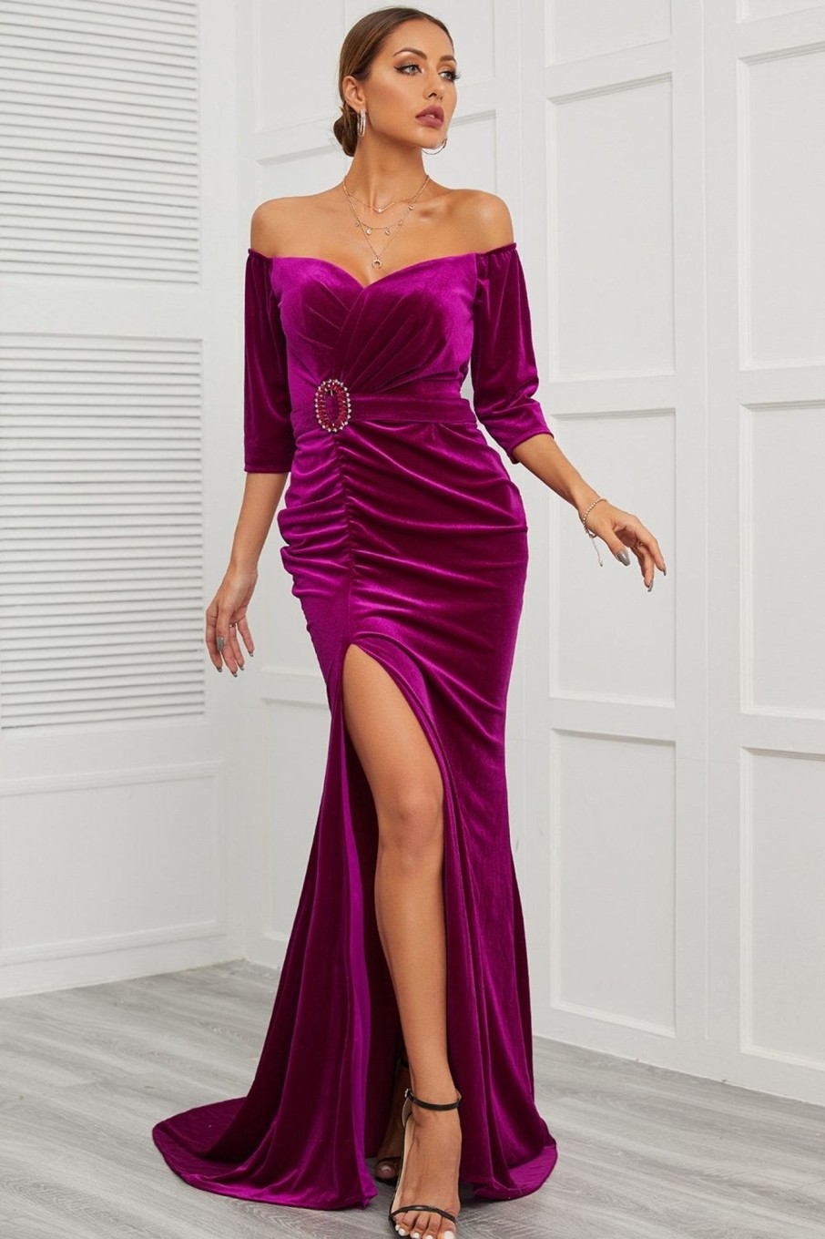 Special Occasion HELLYMOON | Mermaid Off The Shoulder Prom Dress With Split Front Fuchsia