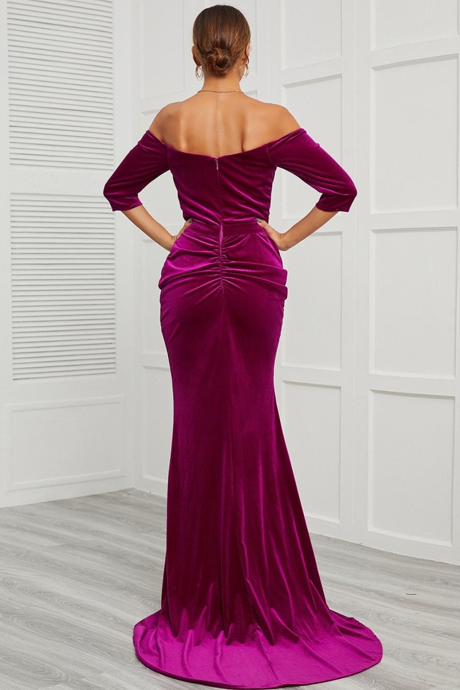 Special Occasion HELLYMOON | Mermaid Off The Shoulder Prom Dress With Split Front Fuchsia