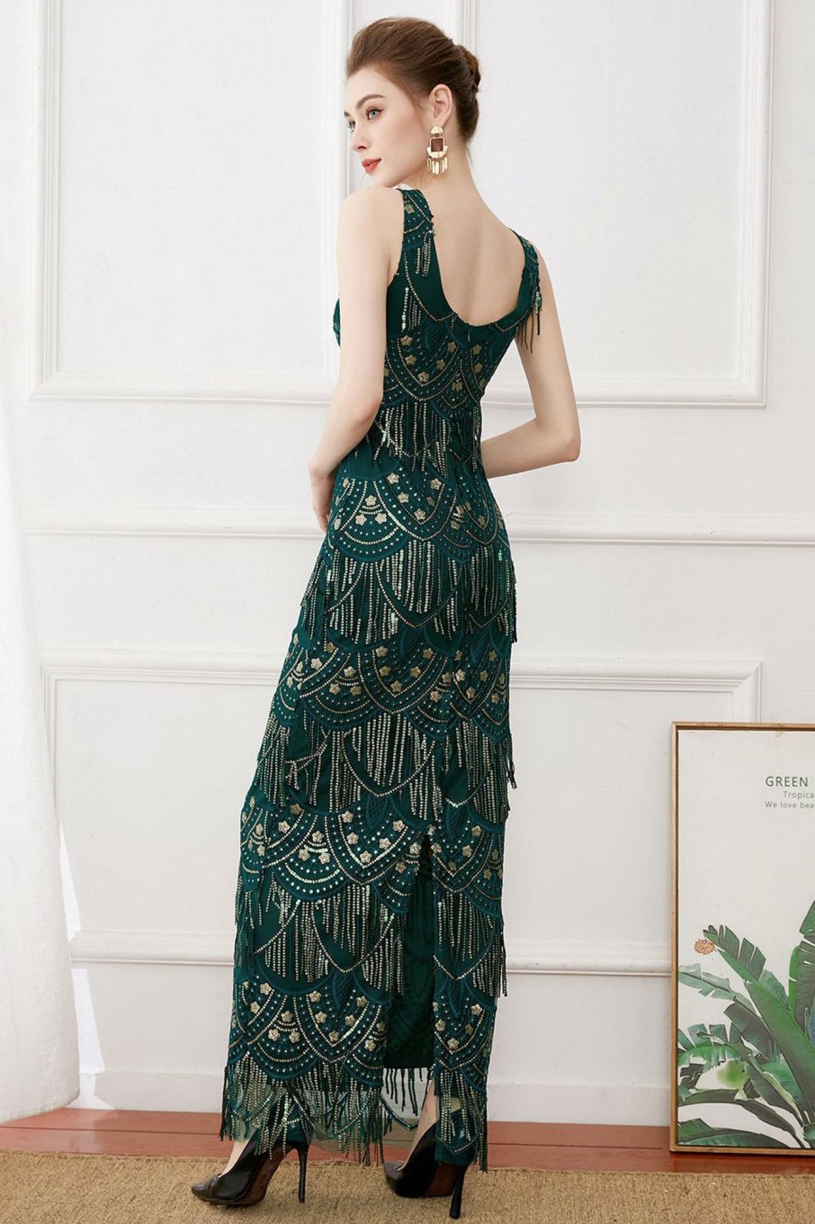 Special Occasion HELLYMOON | Sheath Fringes Sequins Evening Dress Dark Green