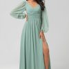 Partywear HELLYMOON | A Line Green Long Sleeves Bridesmaid Dress With Slit