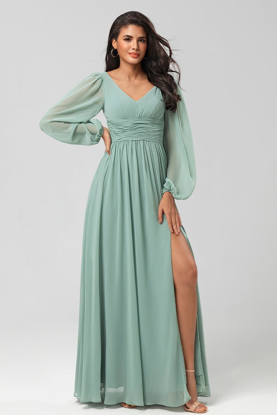 Partywear HELLYMOON | A Line Green Long Sleeves Bridesmaid Dress With Slit