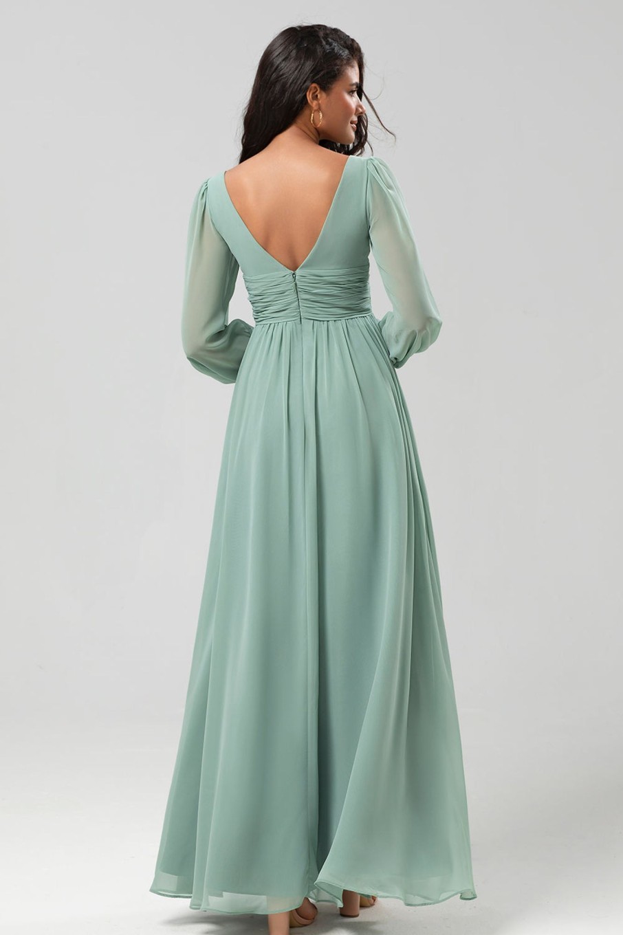 Partywear HELLYMOON | A Line Green Long Sleeves Bridesmaid Dress With Slit