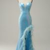 Prom Dresses HELLYMOON | Blue Mermaid Sparkly Prom Dress With Feather Light Blue