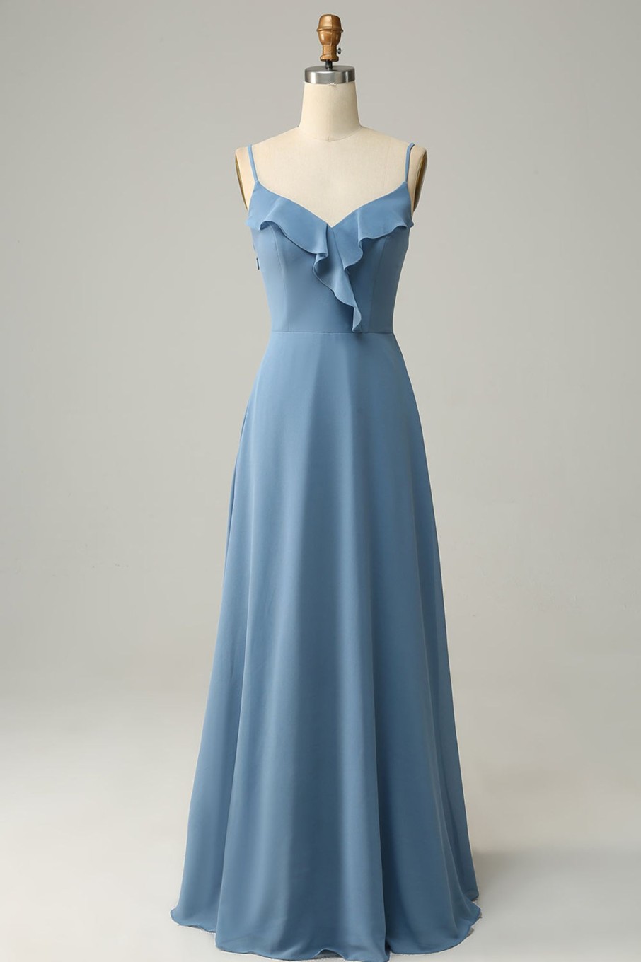 Partywear HELLYMOON | A Line Spaghetti Straps Long Bridesmaid Dress With Ruffles Grey Blue