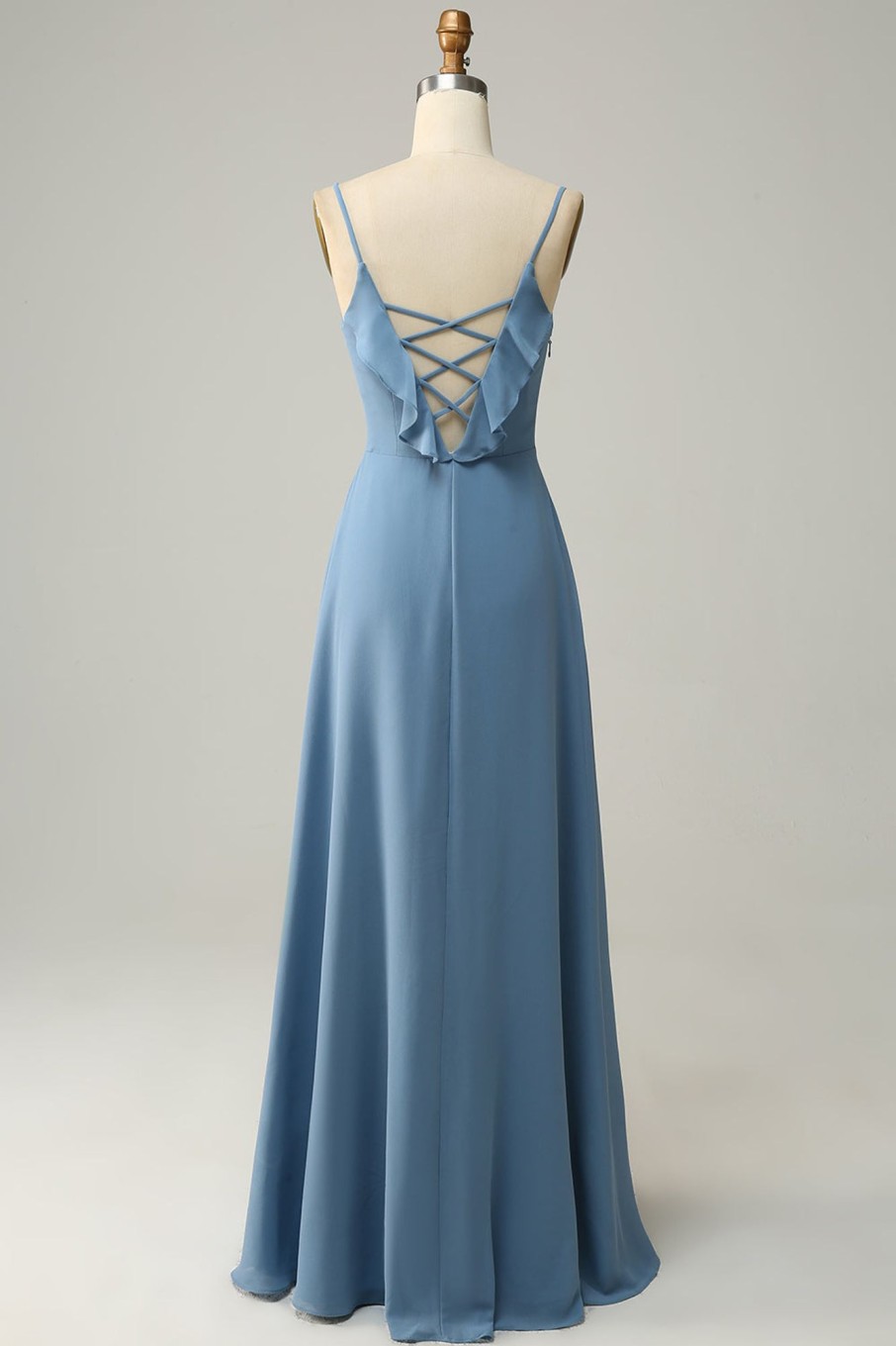 Partywear HELLYMOON | A Line Spaghetti Straps Long Bridesmaid Dress With Ruffles Grey Blue