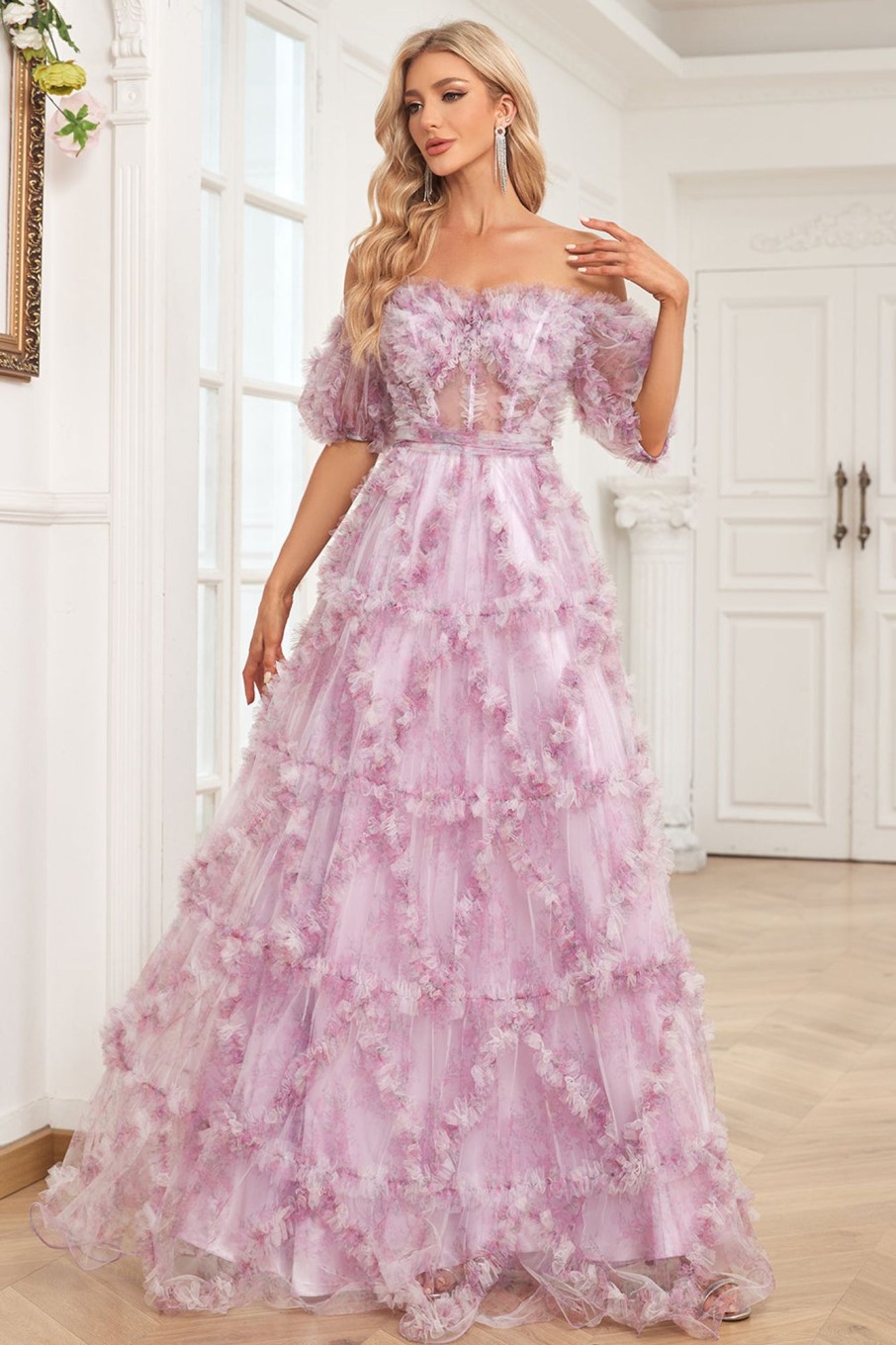 Prom Dresses HELLYMOON | Charming A Line Off The Shoulder Long Prom Dress With Printing Purple