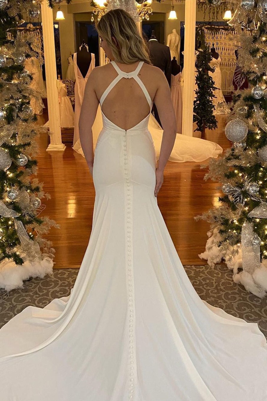 Wedding Dresses HELLYMOON | Mermaid Halter Long Simple Wedding Dress With Button White