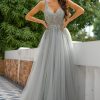 Special Occasion HELLYMOON | V Neck Beaded Long Prom Dress Grey