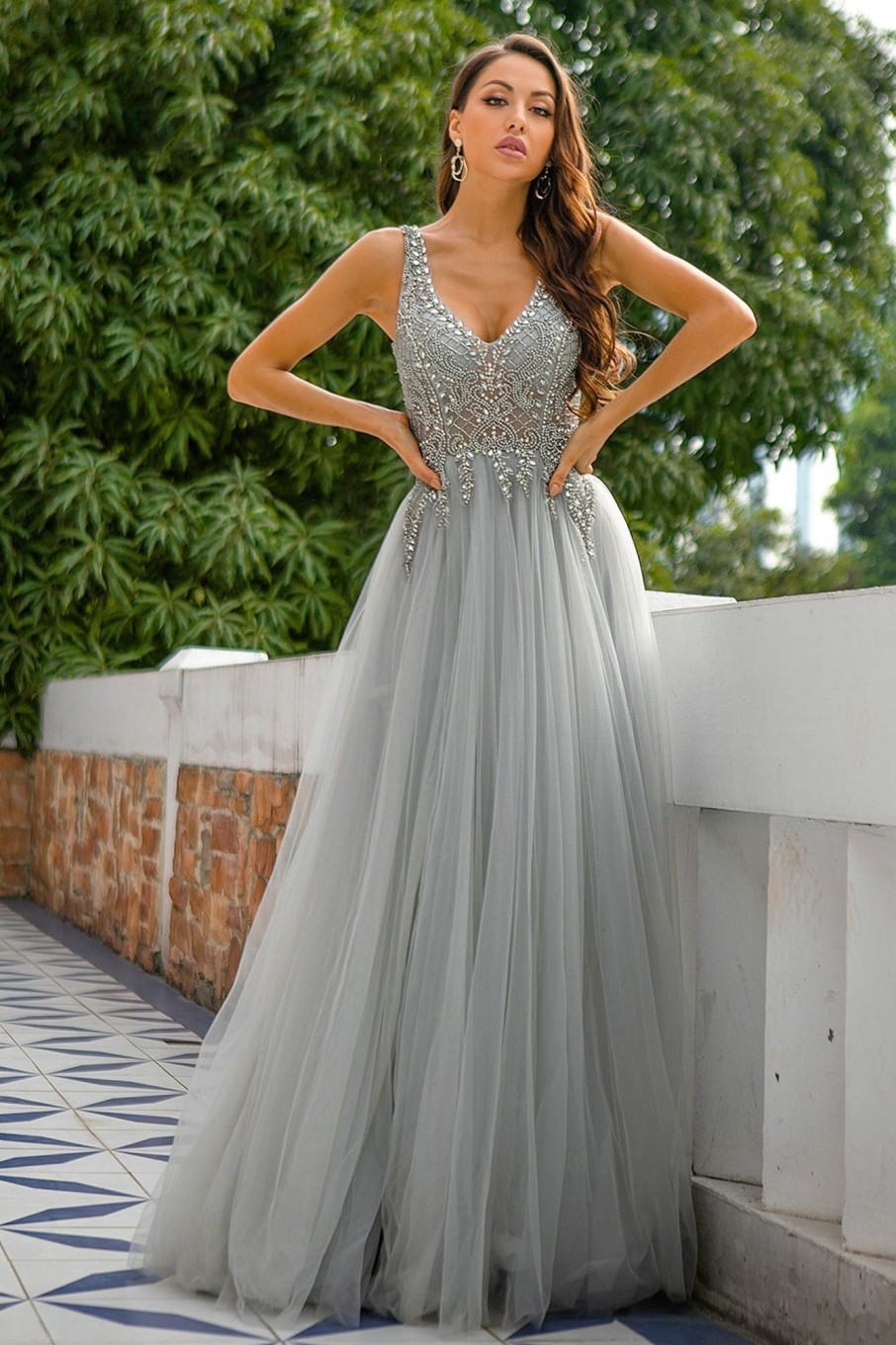 Special Occasion HELLYMOON | V Neck Beaded Long Prom Dress Grey