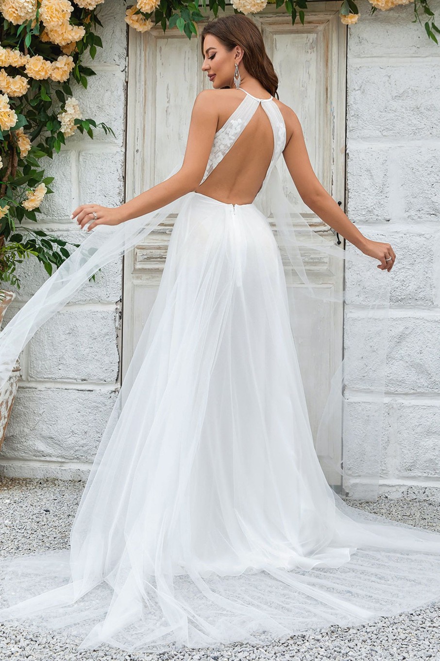 Wedding Dresses HELLYMOON | Open Back Tulle Sweep Train Wedding Dress With Lace Ivory