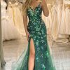 Prom Dresses HELLYMOON | Sparkly Mermaid Spaghetti Straps Beaded Prom Dress With Split Dark Green