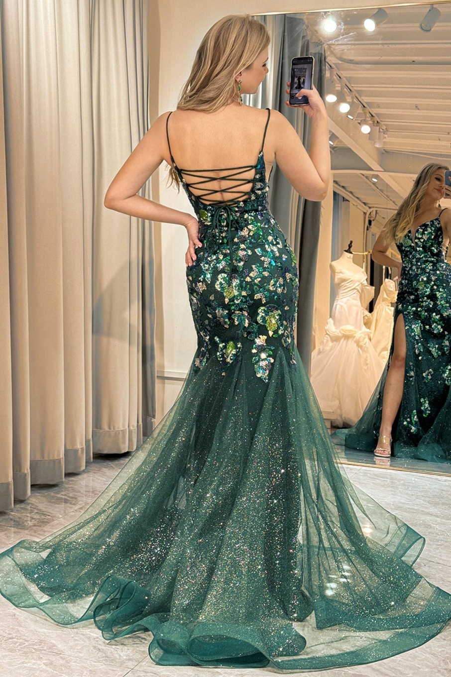 Prom Dresses HELLYMOON | Sparkly Mermaid Spaghetti Straps Beaded Prom Dress With Split Dark Green