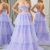 Prom Dresses HELLYMOON | A Line Spaghetti Straps Tulle Long Tiered Prom Dress Lilac