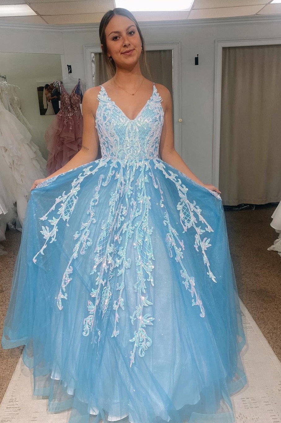 Prom Dresses HELLYMOON | A Line Princess Glitter Prom Dress With Appliques Light Blue