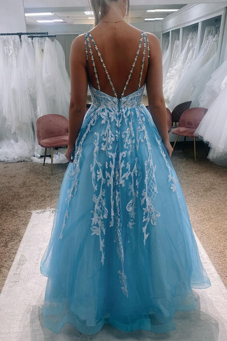 Prom Dresses HELLYMOON | A Line Princess Glitter Prom Dress With Appliques Light Blue