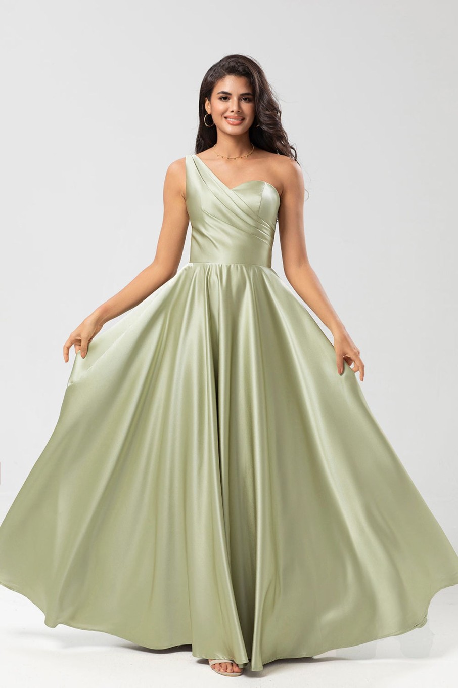 Partywear HELLYMOON | One Shoulder Satin Green Bridesmaid Dress With Pockets