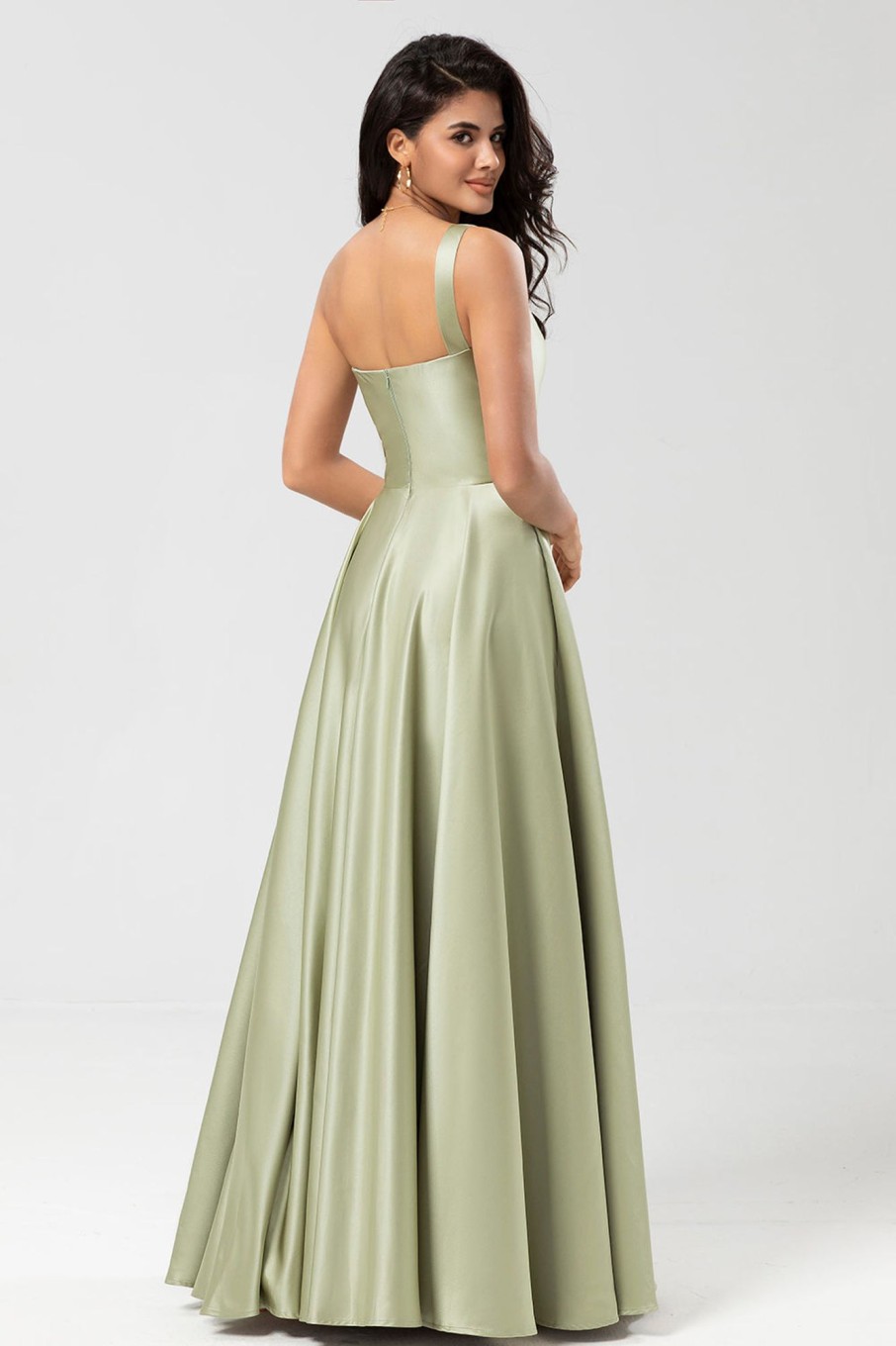 Partywear HELLYMOON | One Shoulder Satin Green Bridesmaid Dress With Pockets