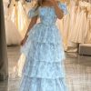 Prom Dresses HELLYMOON | Light Printed A Line Off The Shoulder Long Tiered Corset Prom Dress Blue