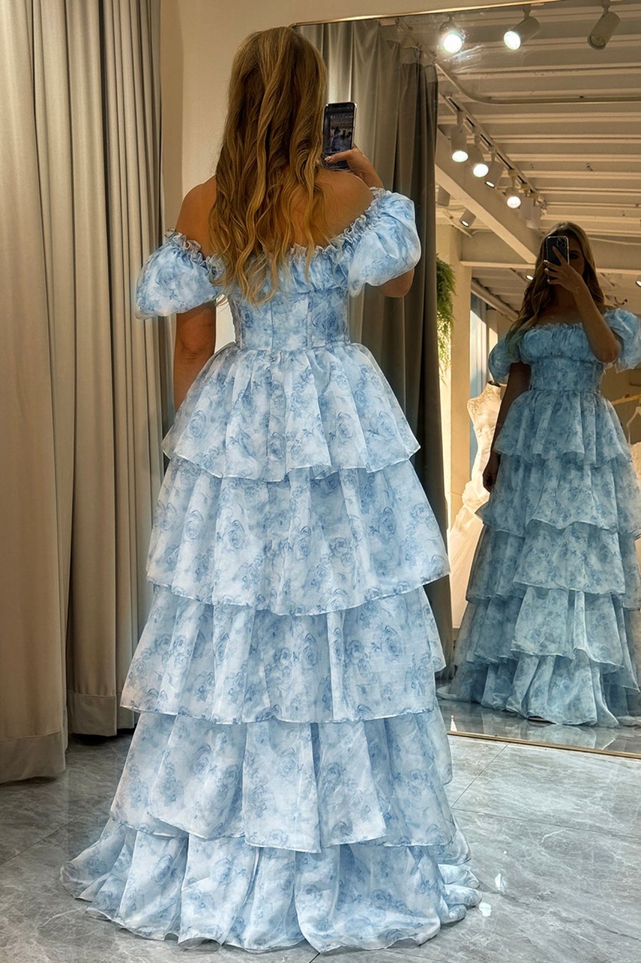 Prom Dresses HELLYMOON | Light Printed A Line Off The Shoulder Long Tiered Corset Prom Dress Blue