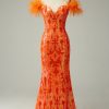 Special Occasion HELLYMOON | Off The Shoulder Sequins Mermaid Prom Dress With Feathers Orange