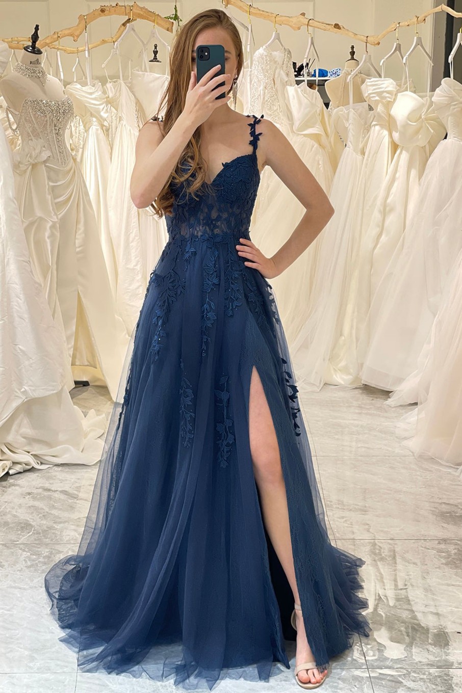 Special Occasion HELLYMOON | A-Line Spaghetti Straps Tulle Prom Dress With Appliques Navy