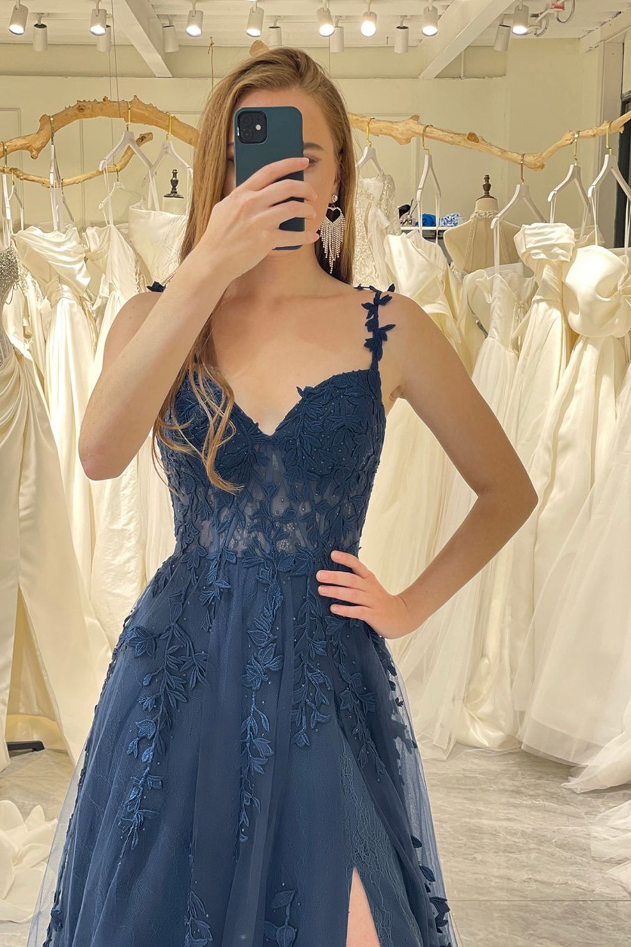 Special Occasion HELLYMOON | A-Line Spaghetti Straps Tulle Prom Dress With Appliques Navy