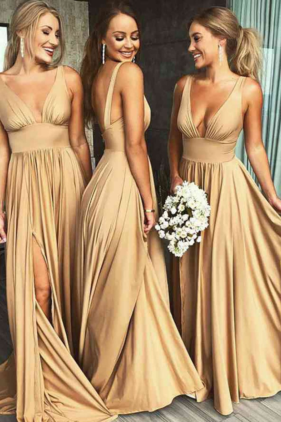 Partywear HELLYMOON | A-Line V-Neck Bridesmaid Dress With Split Front Gold