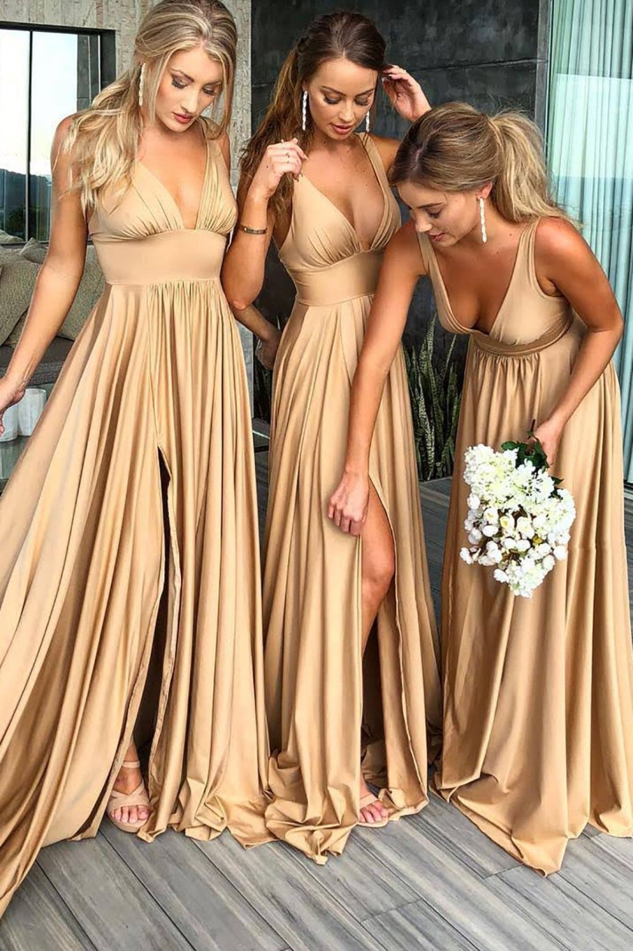 Partywear HELLYMOON | A-Line V-Neck Bridesmaid Dress With Split Front Gold