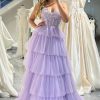 Prom Dresses HELLYMOON | A-Line Spaghetti Straps Tiered Long Prom Dress With Appliques Lilac