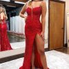 Special Occasion HELLYMOON | Sequins Mermaid Spaghetti Straps Long Prom Dress With Slit Red