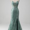 Prom Dresses HELLYMOON | Spaghetti Staps Sparkly Prom Dress With Beading Grey Green