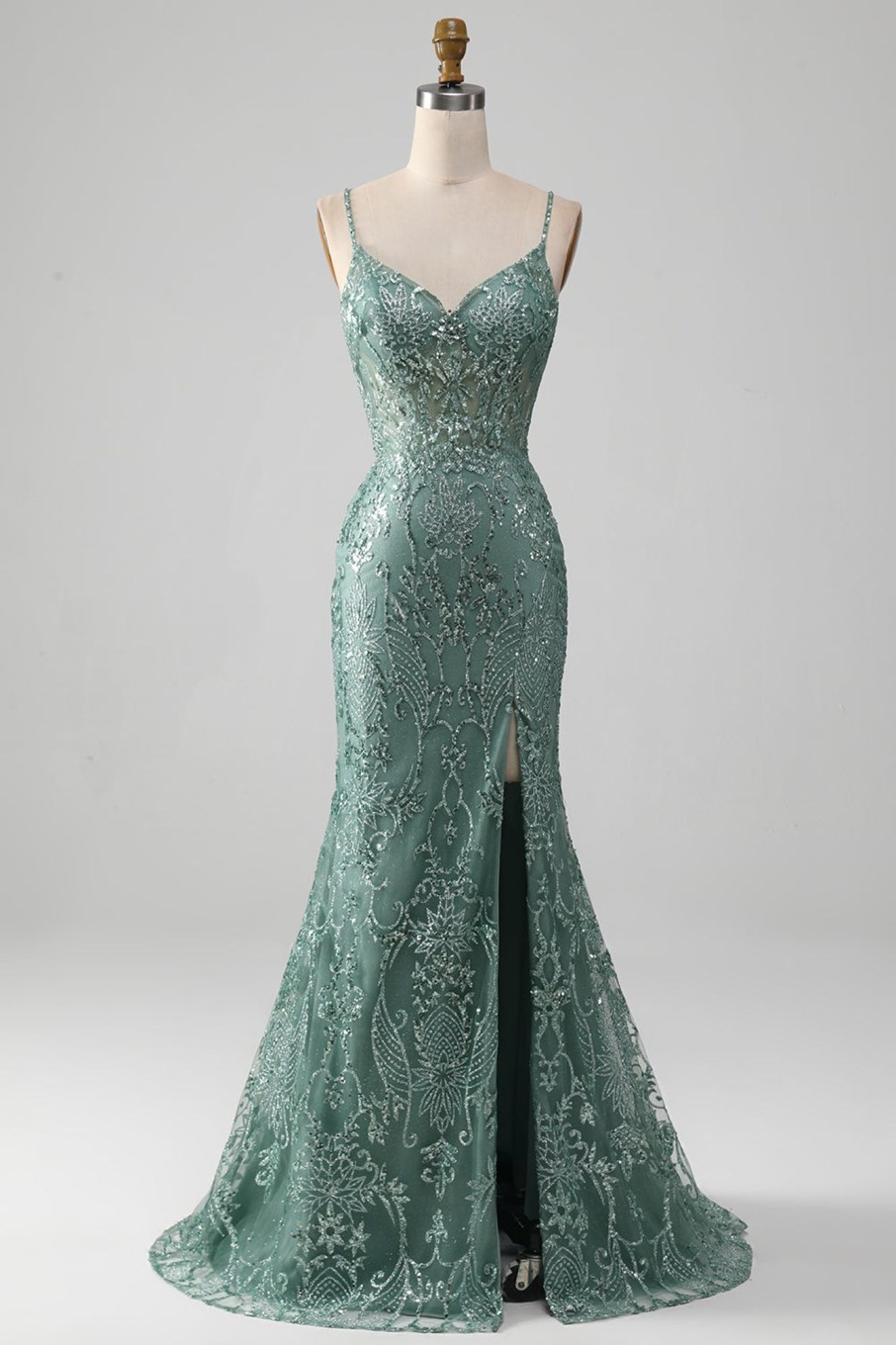 Prom Dresses HELLYMOON | Spaghetti Staps Sparkly Prom Dress With Beading Grey Green