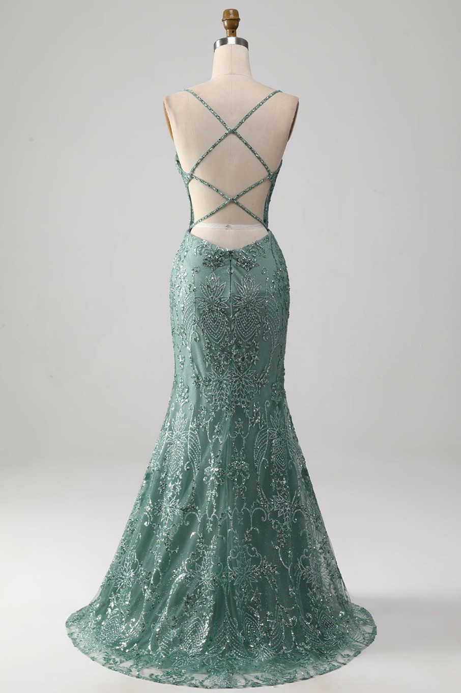 Prom Dresses HELLYMOON | Spaghetti Staps Sparkly Prom Dress With Beading Grey Green