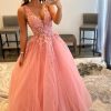 Prom Dresses HELLYMOON | Princess A Line Deep V Neck Long Prom Dress With Appliques