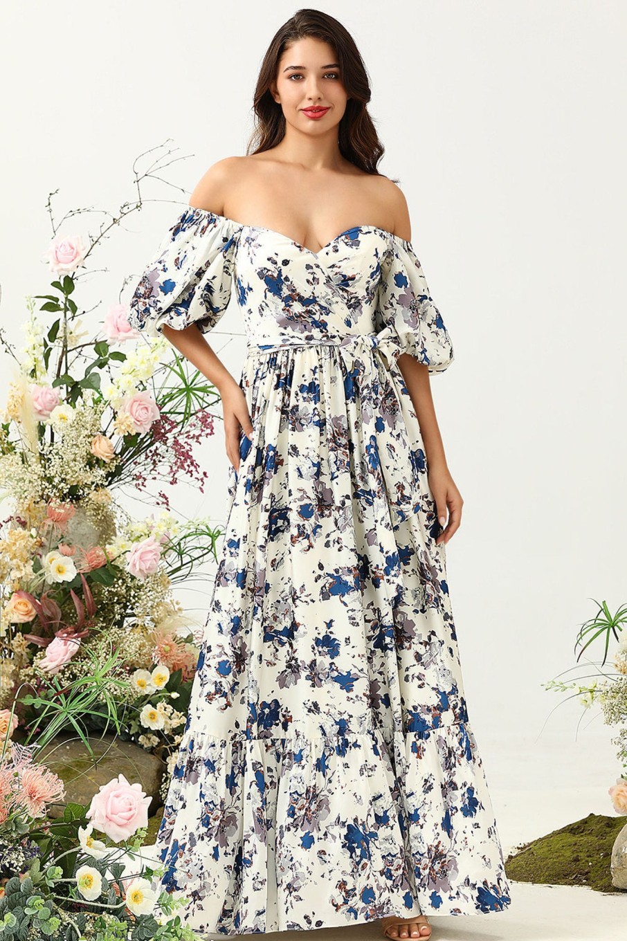 Special Occasion HELLYMOON | Boho Bridesmaid Dress White Blue Flower