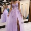 Prom Dresses HELLYMOON | Lavender A-Line Spaghetti Straps Lace Long Prom Dress With Slit Lilac