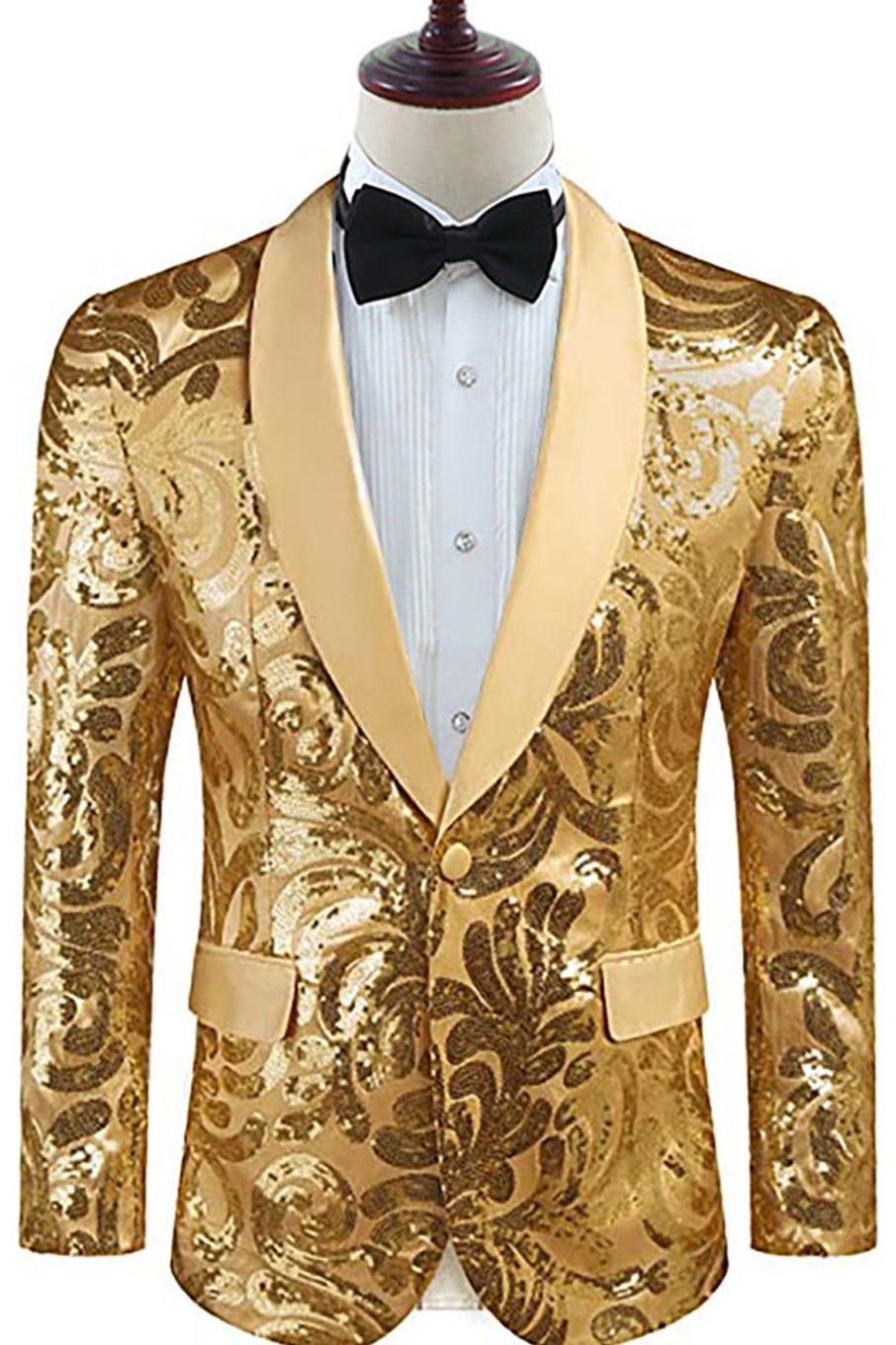 Men HELLYMOON | Shawl Lapel Sequins Men'S Blazer Golden