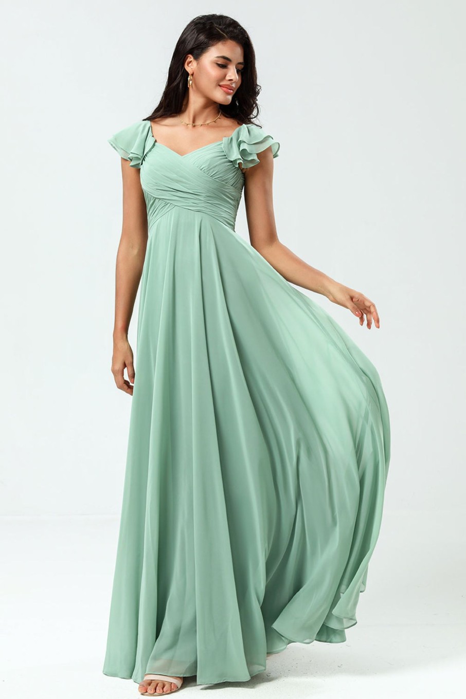 Partywear HELLYMOON | Lace-Up Back A Line Chiffon Green Bridesmaid Dress With Ruffles