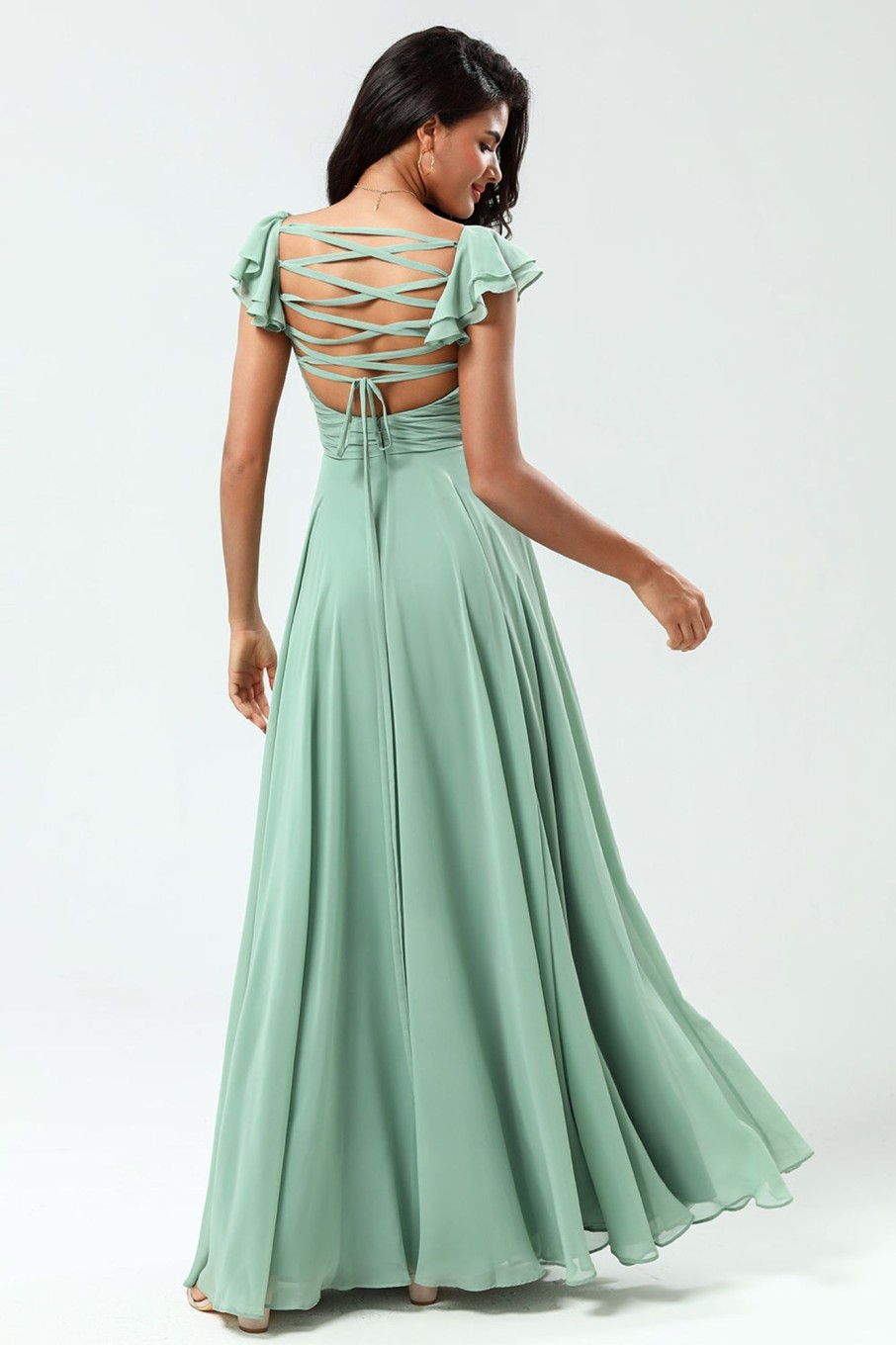 Partywear HELLYMOON | Lace-Up Back A Line Chiffon Green Bridesmaid Dress With Ruffles