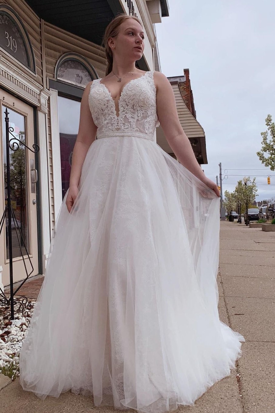 Wedding Dresses HELLYMOON | A-Line Tulle Long Plus Size Wedding Dress With Beading White